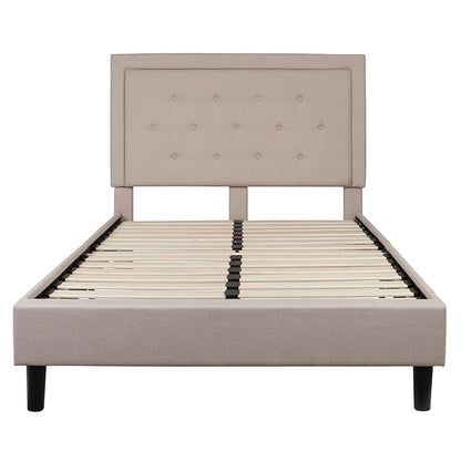 Elegant Fabric Upholstered Platform Bed Frame with Button Tufted Headboard
