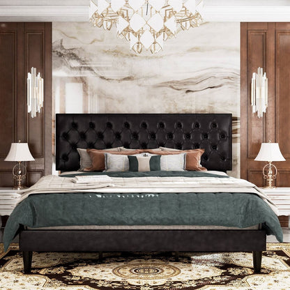 King Black Faux Leather Upholstered Platform Bed with Button-Tufted