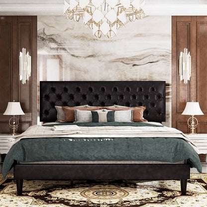 King Black Faux Leather Upholstered Platform Bed with Button-Tufted
