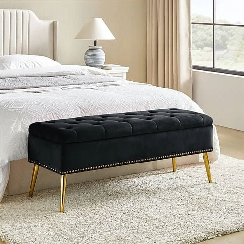 Mid-Century Modern End of Bed Storage Bench with Black Velvet Seat and