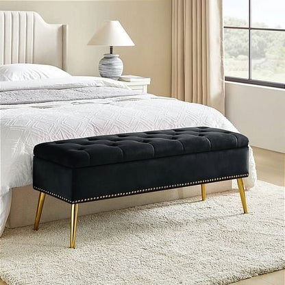 Mid-Century Modern End of Bed Storage Bench with Black Velvet Seat and