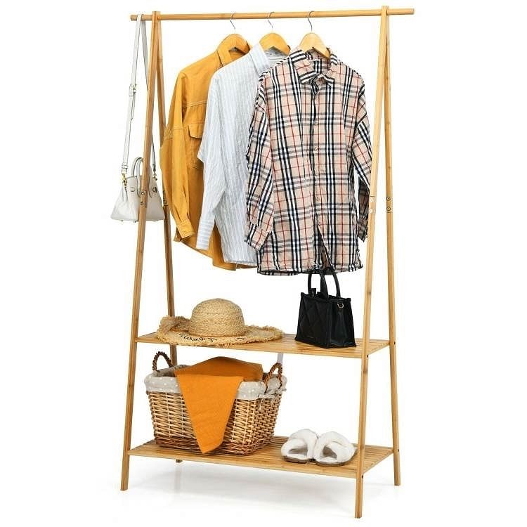 Entryway Bedroom Wood Garment Clothes Hanging Rack with 2 Bottom