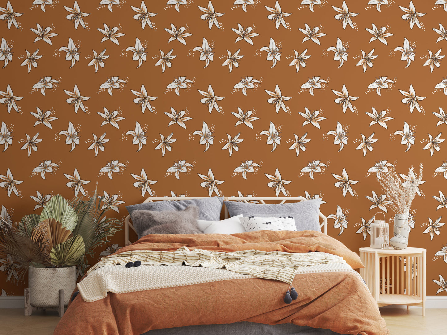 Boho Lilies Wallpaper - Bohemian Lily Floral Wallpaper for Living Room and Bedroom