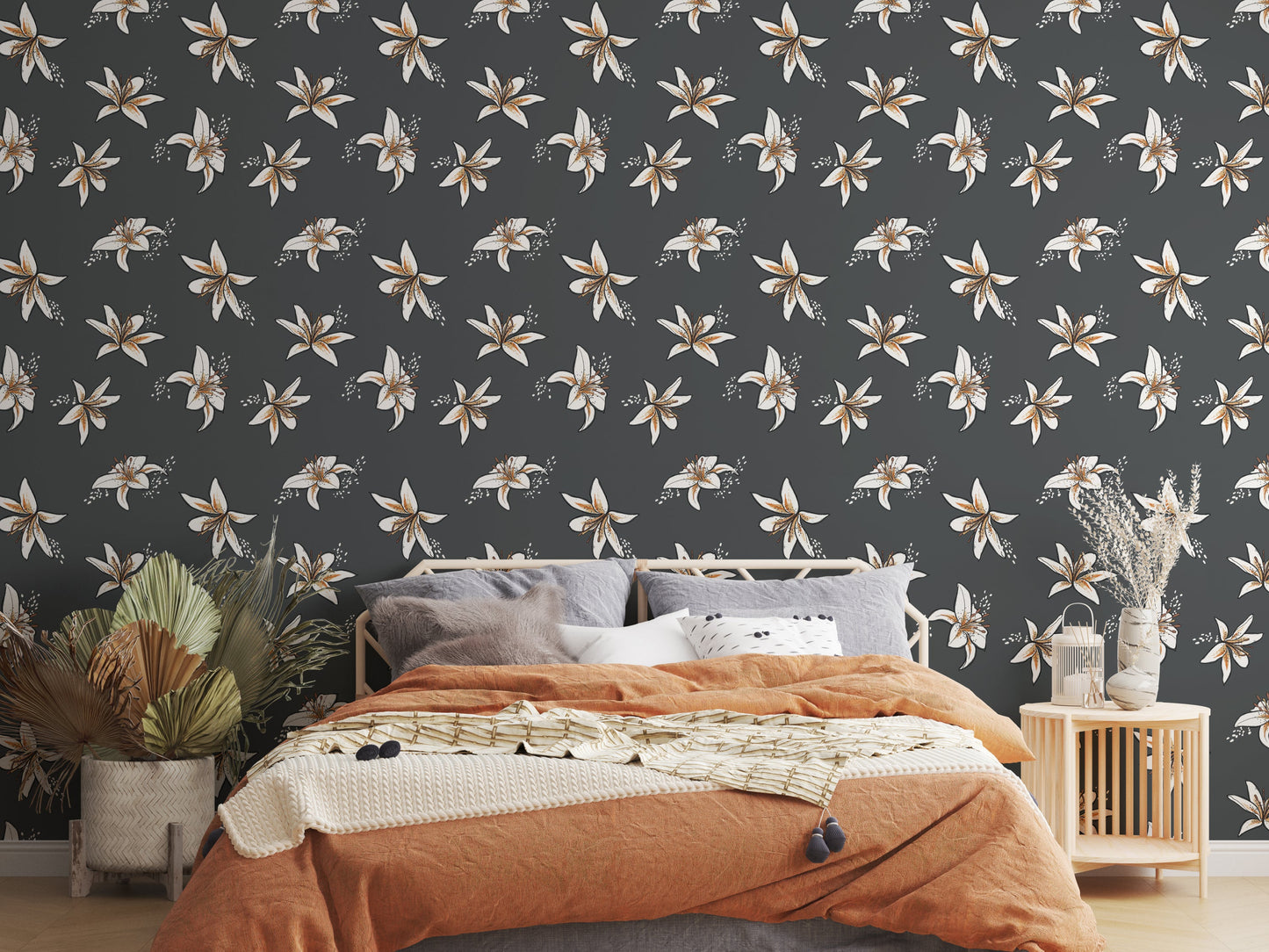 Boho Lilies Wallpaper - Bohemian Lily Floral Wallpaper for Living Room and Bedroom
