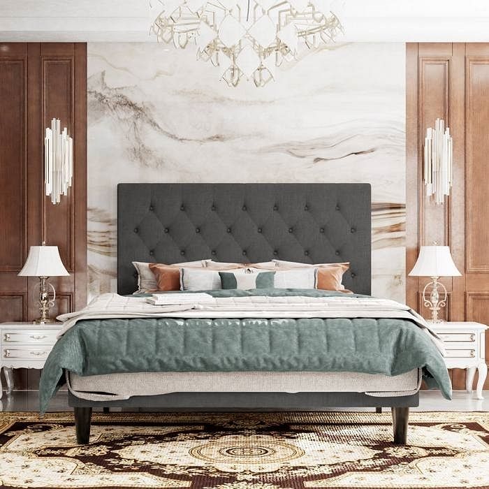 Linen Upholstered Platform Bed Frame with Headboard, Contemporary Design
