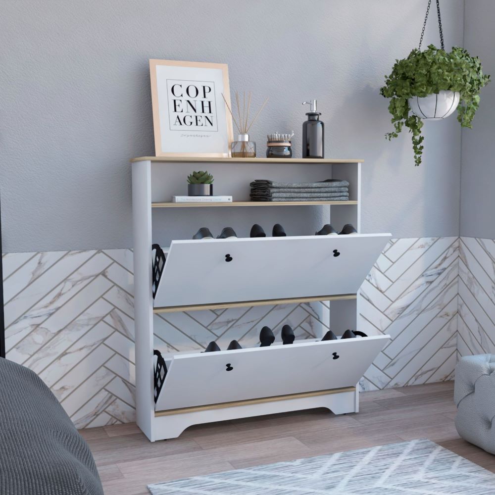 Shoe Rack Dublin, One Open Shelf, Two Extendable Cabinets, Compact Hallway Storage Unit