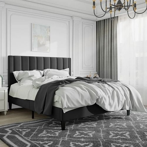 Modern Velvet Upholstered Platform Bed Frame with Headboard, Elegant Design