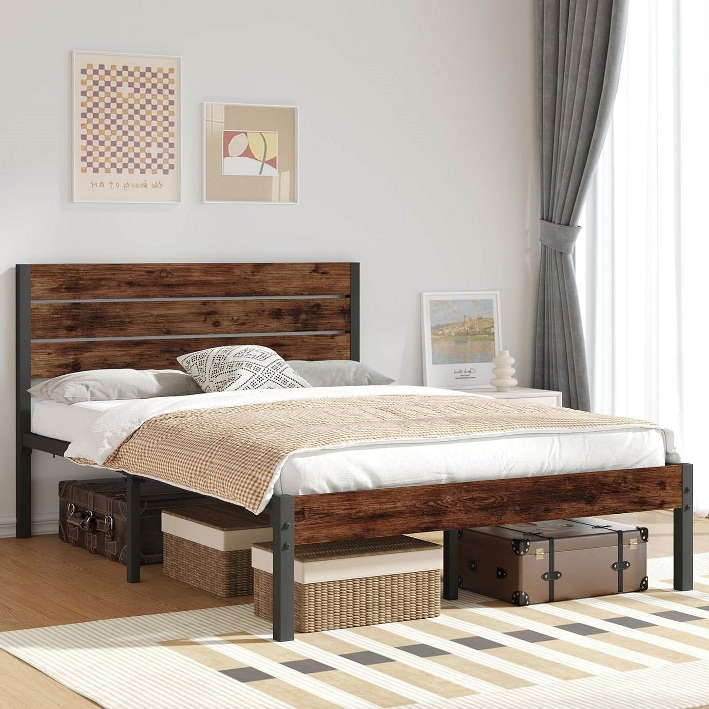 Modern Farmhouse Platform Bed Frame with Wood Panel Headboard and Sturdy Slat Support