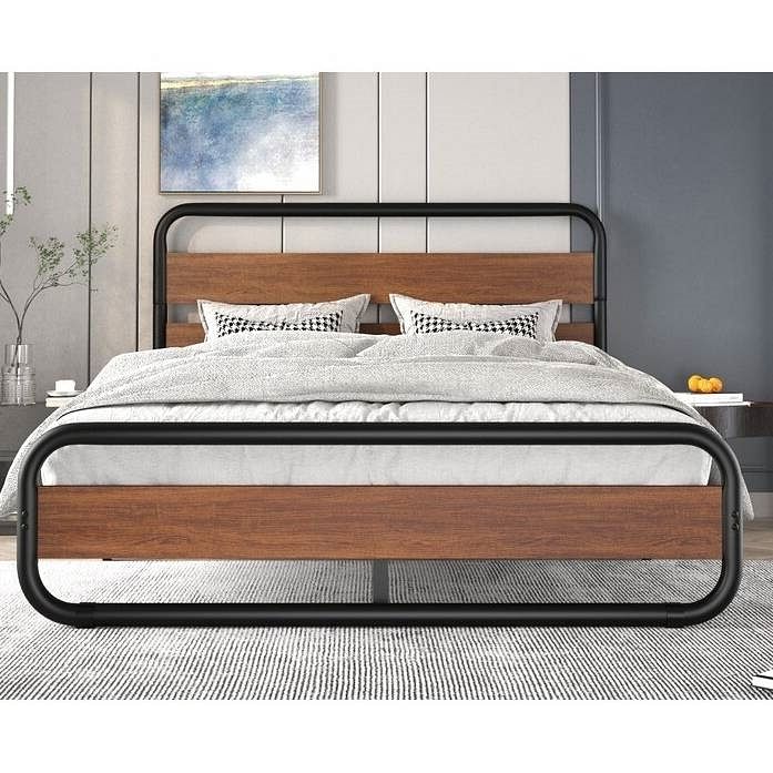 Modern Industrial Metal Wood Platform Bed Frame with Wood Panel Headboard