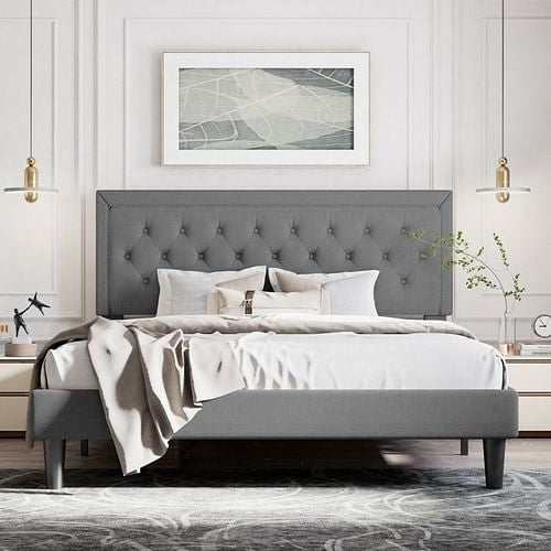 Linen Upholstered Platform Bed Frame with Headboard, Contemporary Design