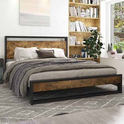 Modern Farmhouse Platform Bed Frame with Wood Panel Headboard and Sturdy Slat Support
