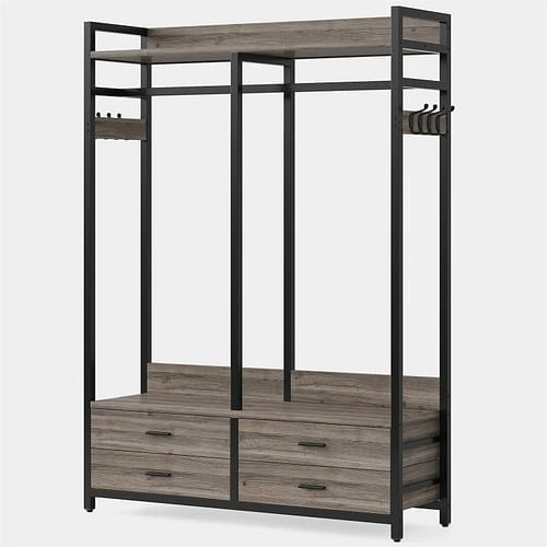 Modern Grey Black Garment Rack with Clothes Hanging Rod and 4 Storage