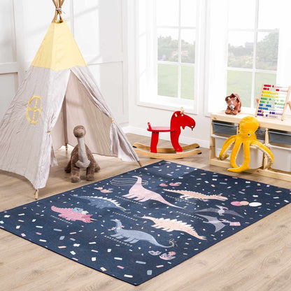 Milne Navy Dinosaur Washable Kids Rug