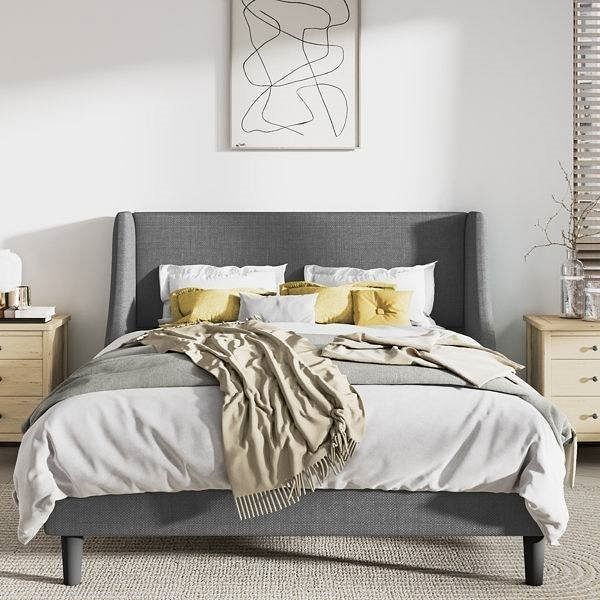 Linen Upholstered Platform Bed Frame with Headboard, Contemporary Design