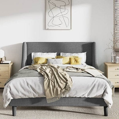 Linen Upholstered Platform Bed Frame with Headboard, Contemporary Design