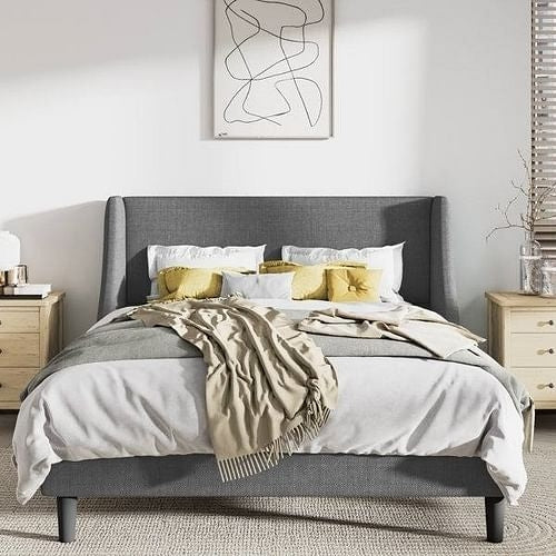 Linen Upholstered Platform Bed Frame with Headboard, Contemporary Design