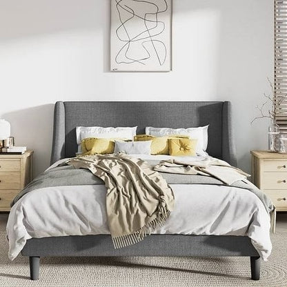 Linen Upholstered Platform Bed Frame with Headboard, Contemporary Design