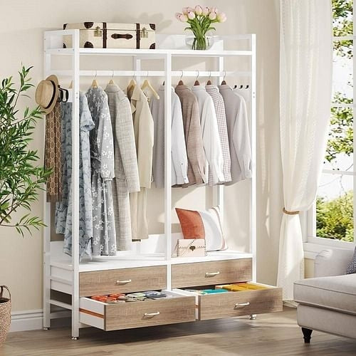 Freestanding White Oak Garment Rack Clothes Hanging Rod with 4 Storage