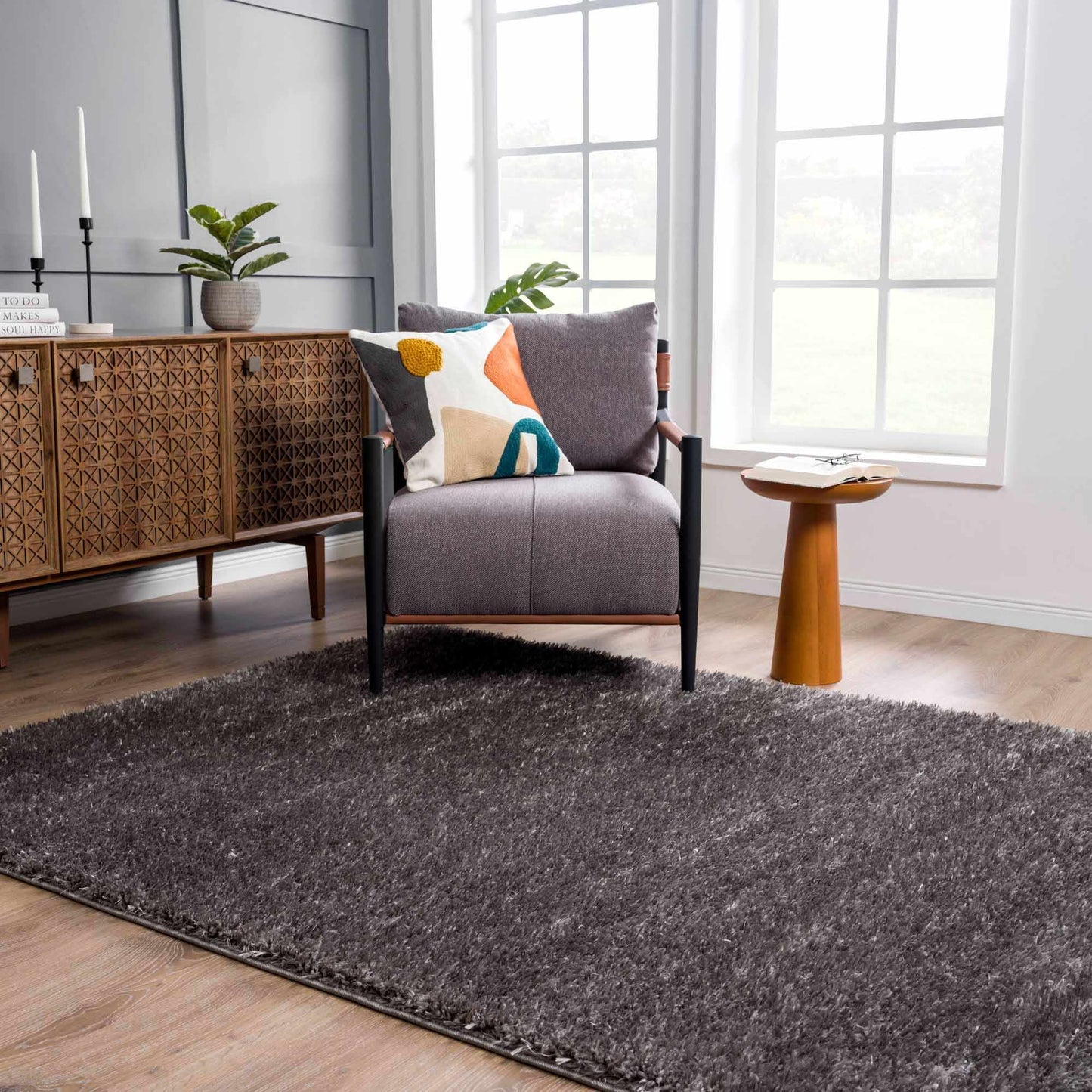 Faina Solid Dark Gray Shag Rug Washable