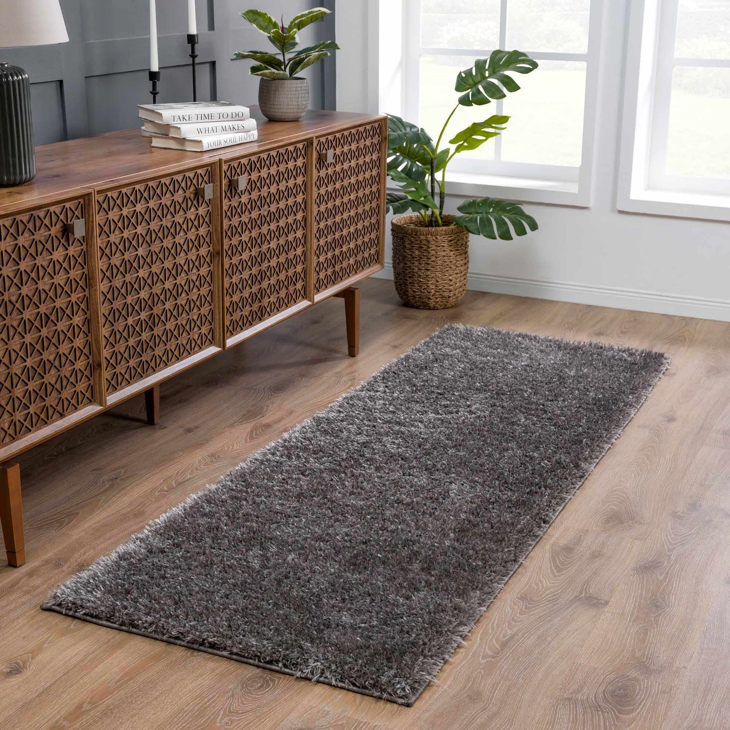Faina Solid Dark Gray Shag Rug Washable
