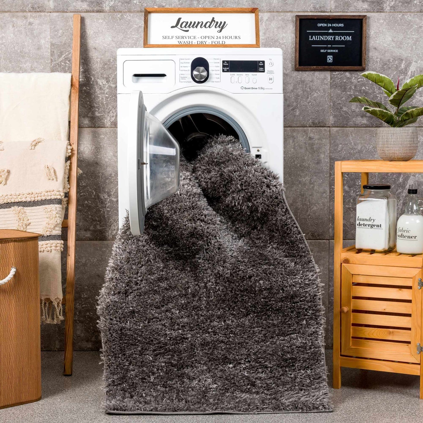 Faina Solid Dark Gray Shag Rug Washable