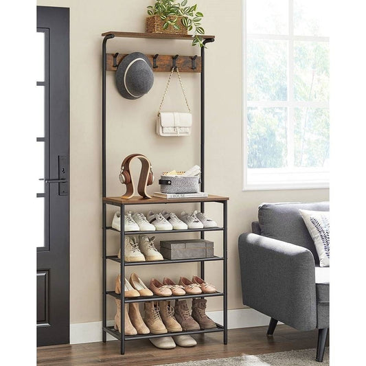 Modern Industrial Style Hall Tree Coat Rack Entryway Shoe Rack with 4