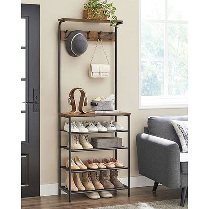 Modern Industrial Style Hall Tree Coat Rack Entryway Shoe Rack with 4