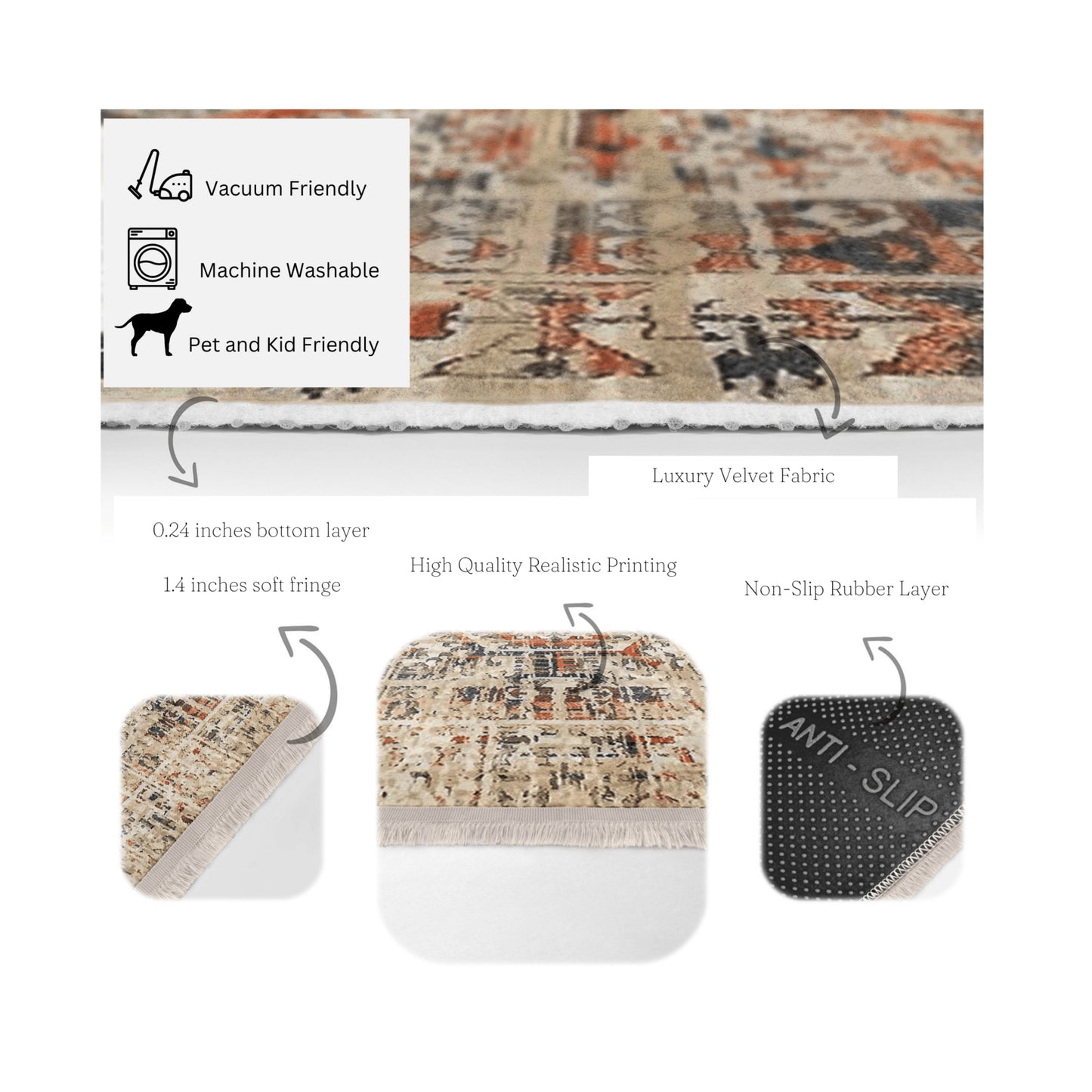 Vintage Living Room Washable Area Rug | Homeezone