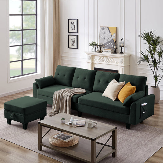Versatile 4-Seat L-Shaped Sectional Sofa with Reversible Storage Ottoman & Side Pockets – Perfect for Living Room, Office, or Apartment Green
