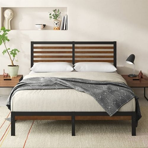 Metal Platform Bed Frame with Upholstered, Wood Slat or Panel Headboard and Trundle