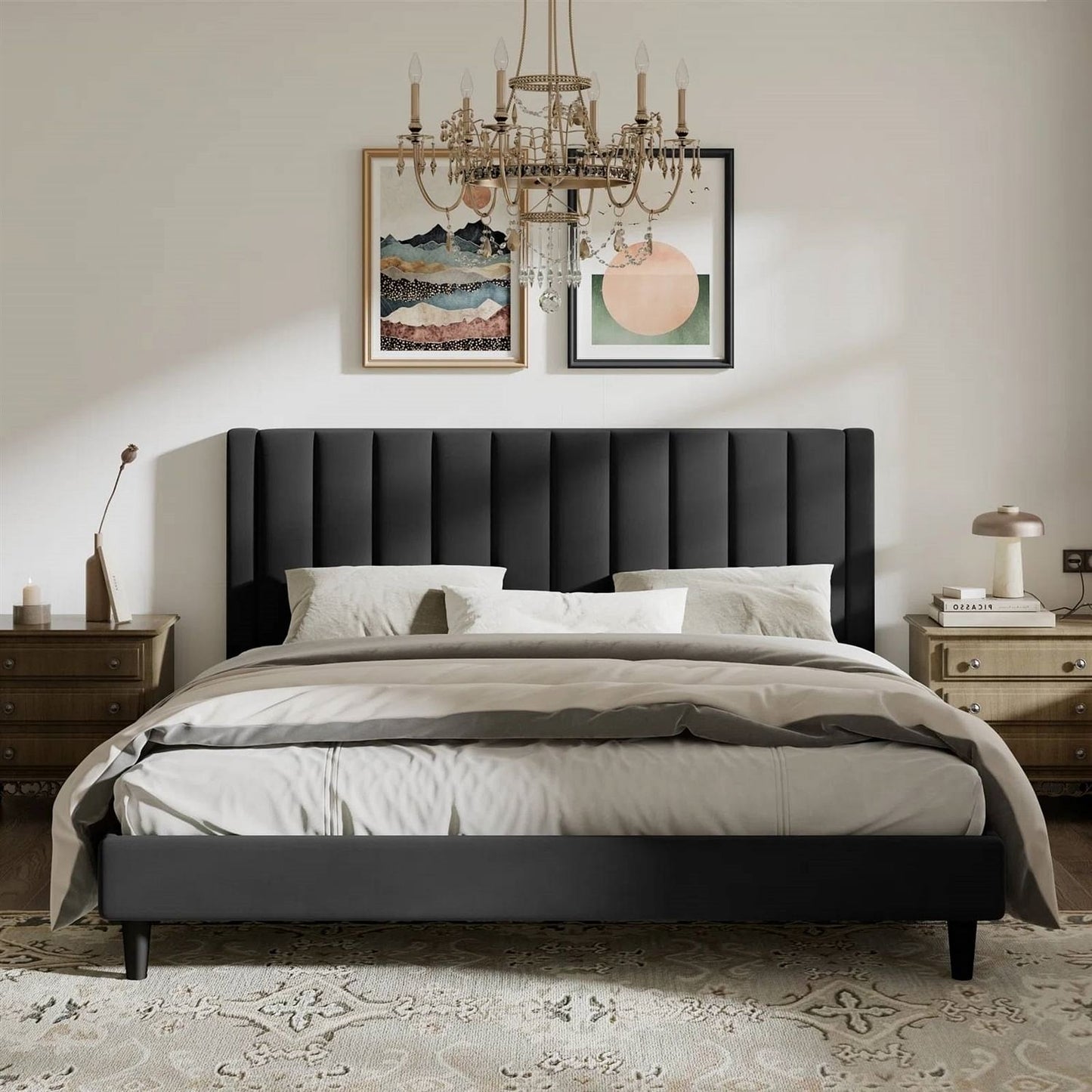 Modern Velvet Upholstered Platform Bed Frame with Headboard, Elegant Design
