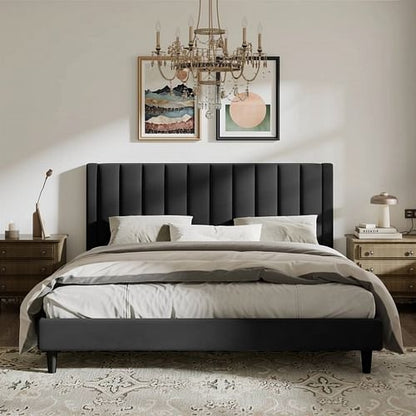 Modern Velvet Upholstered Platform Bed Frame with Headboard, Elegant Design
