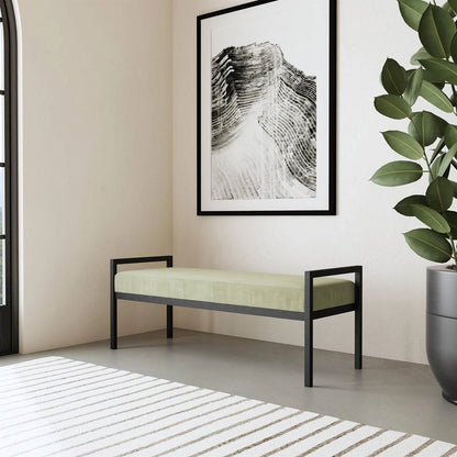 Modern Industrial Bed Bench with Black Metal Frame and Sage Green