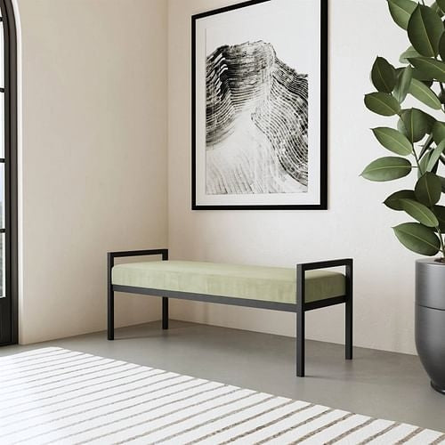 Modern Industrial Bed Bench with Black Metal Frame and Sage Green