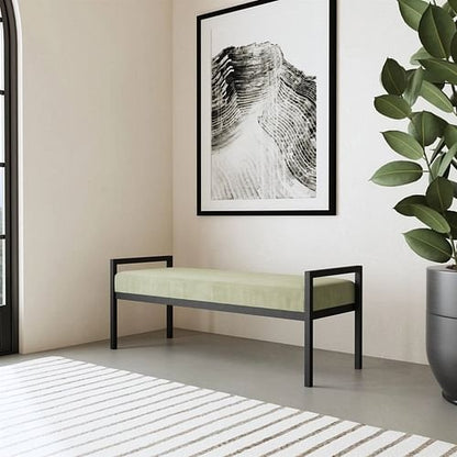 Modern Industrial Bed Bench with Black Metal Frame and Sage Green