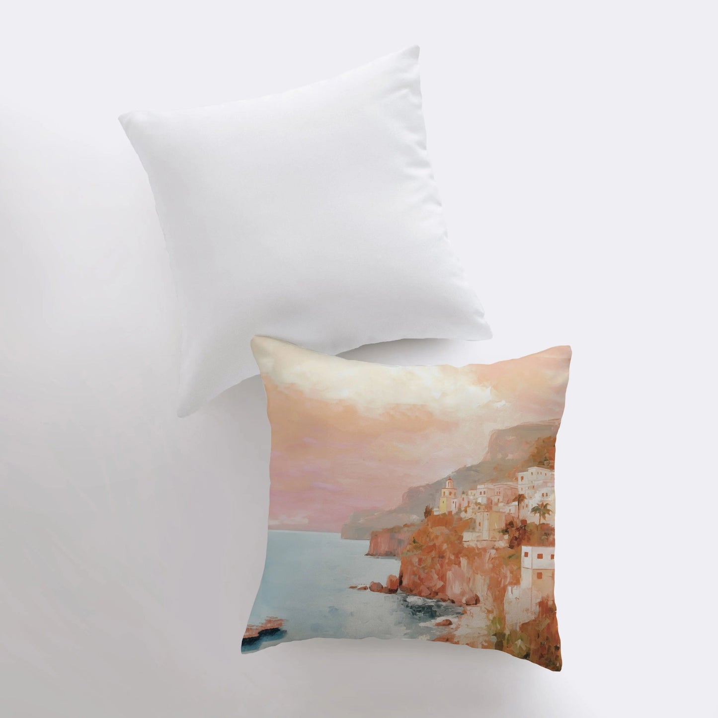 Orange Sunset Town | Coastline | Gouache Painting | Greece | Italy |