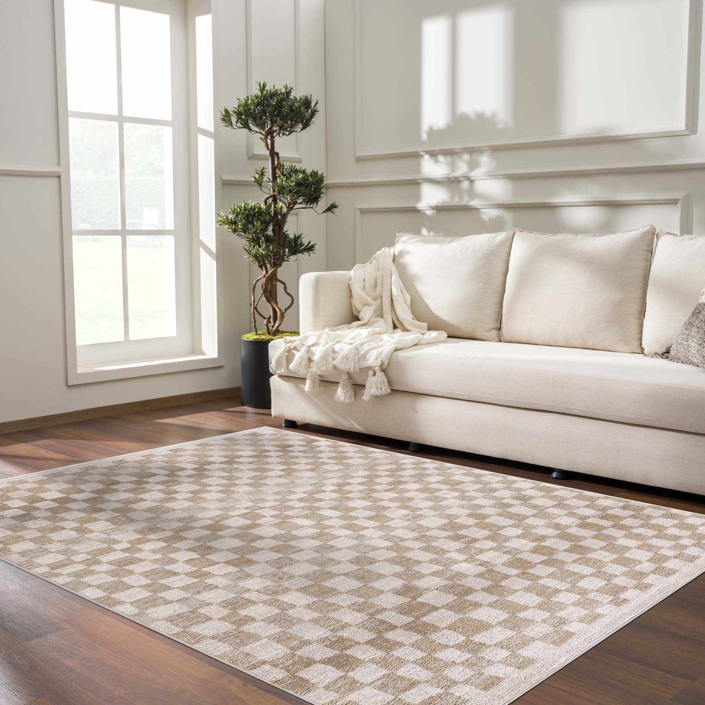 Benjy Cream & Gold Checkered Area Rug