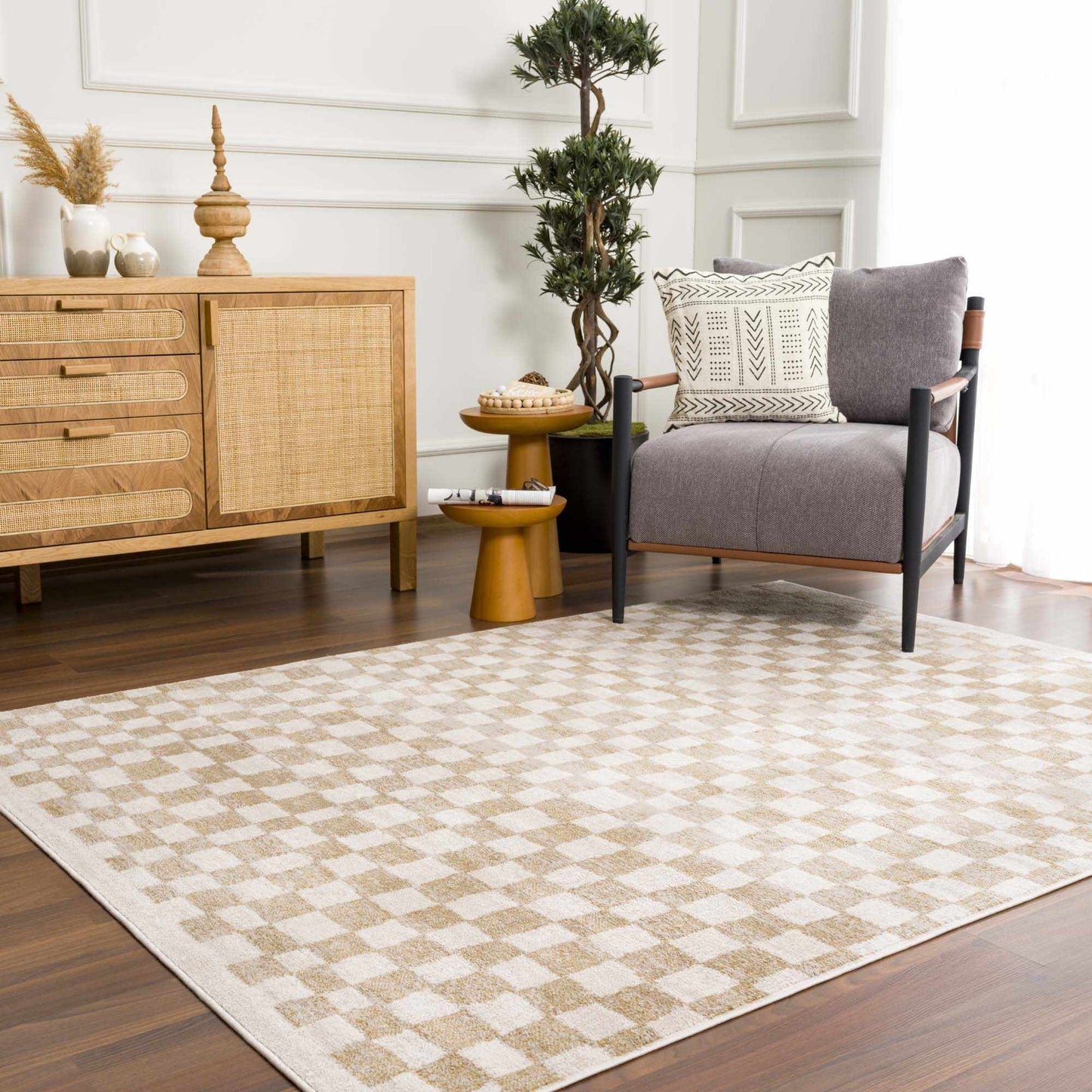 Benjy Cream & Gold Checkered Area Rug