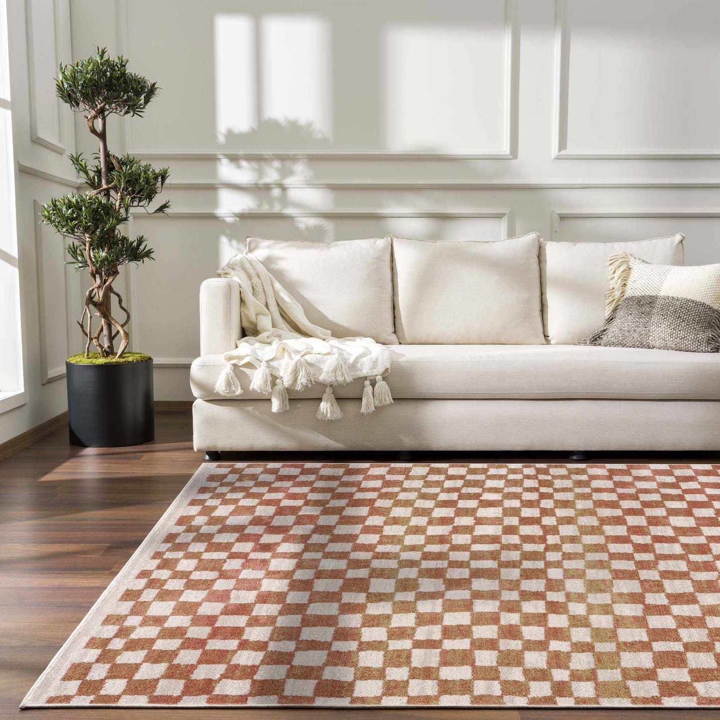 Benjy Cream & Salmon Checkered Area Rug