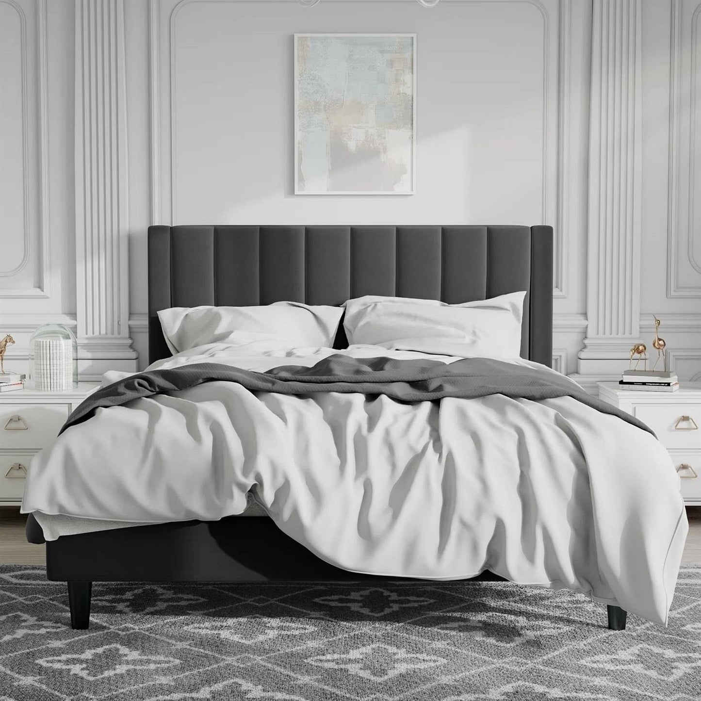 Modern Velvet Upholstered Platform Bed Frame with Headboard, Elegant Design