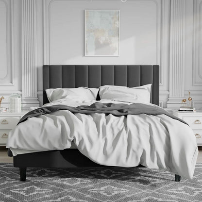 Modern Velvet Upholstered Platform Bed Frame with Headboard, Elegant Design