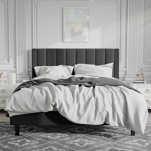 Modern Velvet Upholstered Platform Bed Frame with Headboard, Elegant Design