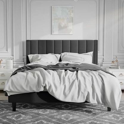 Modern Velvet Upholstered Platform Bed Frame with Headboard, Elegant Design