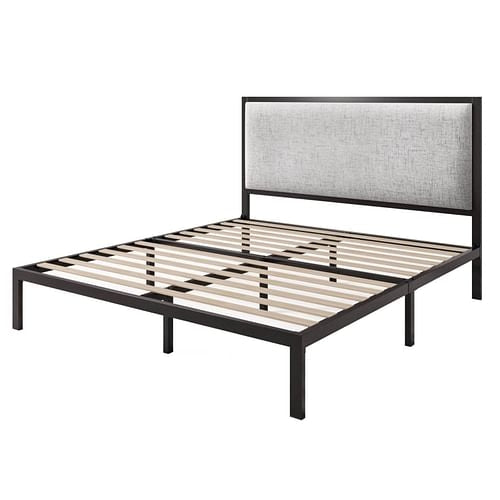 Metal Platform Bed Frame with Upholstered, Wood Slat or Panel Headboard and Trundle