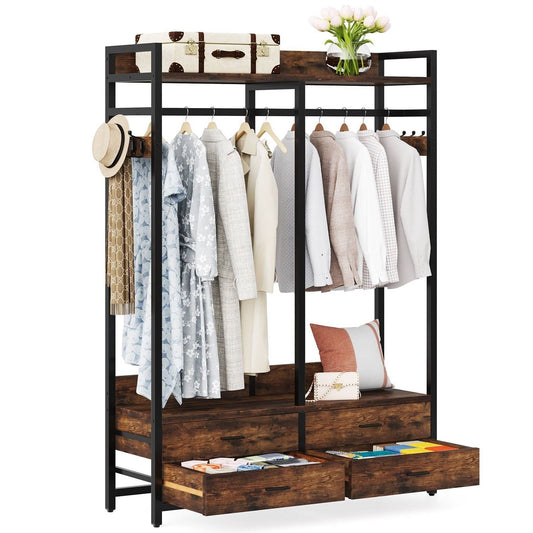 Heavy Duty Brown Black Garment Rack Clothes Hanging Rod with 4 Storage