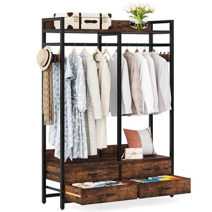 Heavy Duty Brown Black Garment Rack Clothes Hanging Rod with 4 Storage