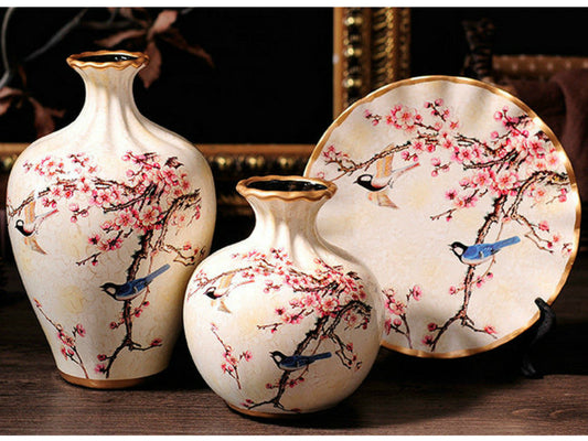 Cherry Blossom Meadow 3-Piece Ceramic Vase Set – Elegant Off-White Decorative Vases with Golden Rim