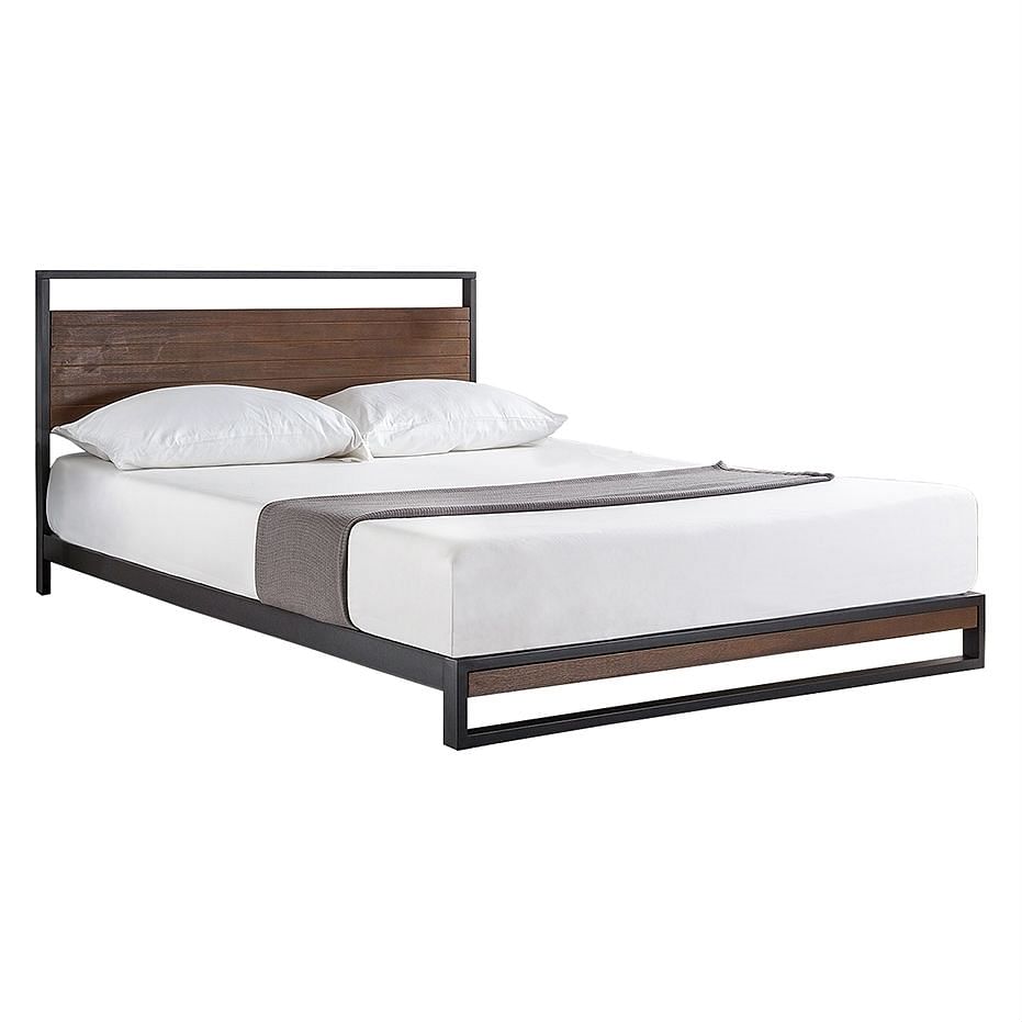 Modern Industrial Metal Wood Platform Bed Frame with Wood Panel Headboard