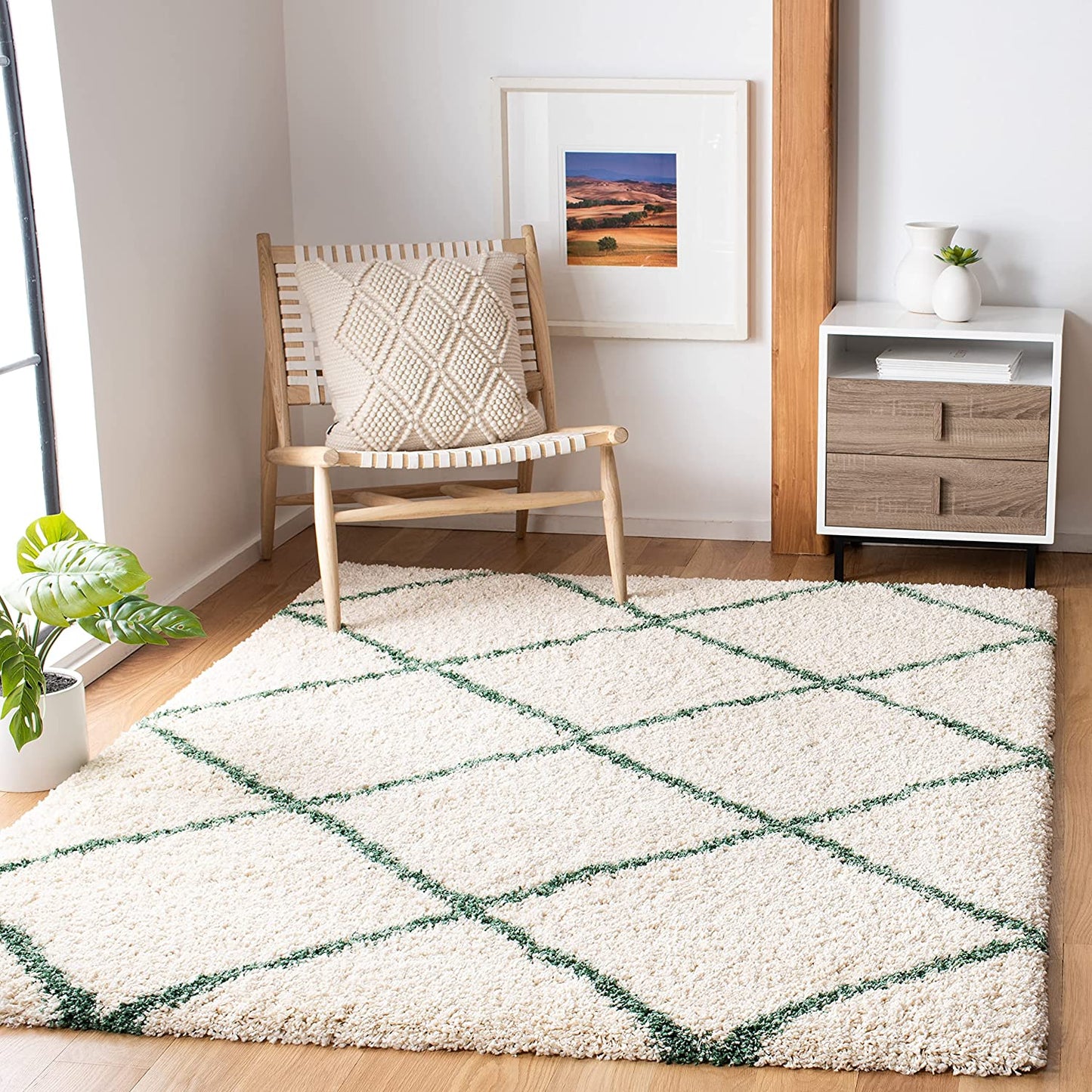 SAFAVIEH Hudson Shag Collection Area Rug - 7' Square, Beige & Ivory, Modern Trellis Design, Non-Shedding & Easy Care, 2-Inch Thick Ideal for High Traffic Areas in Living Room, Bedroom (SGH281S)