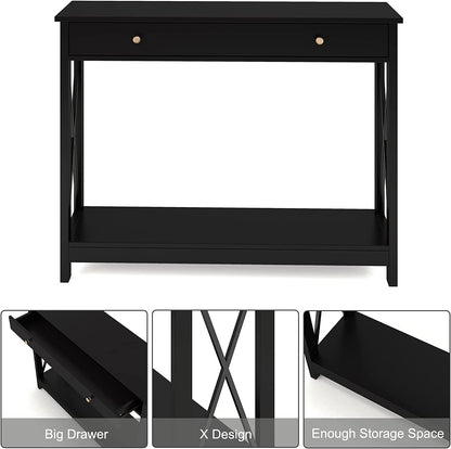 Peach Maple Black Console Table with Drawer and Shelves